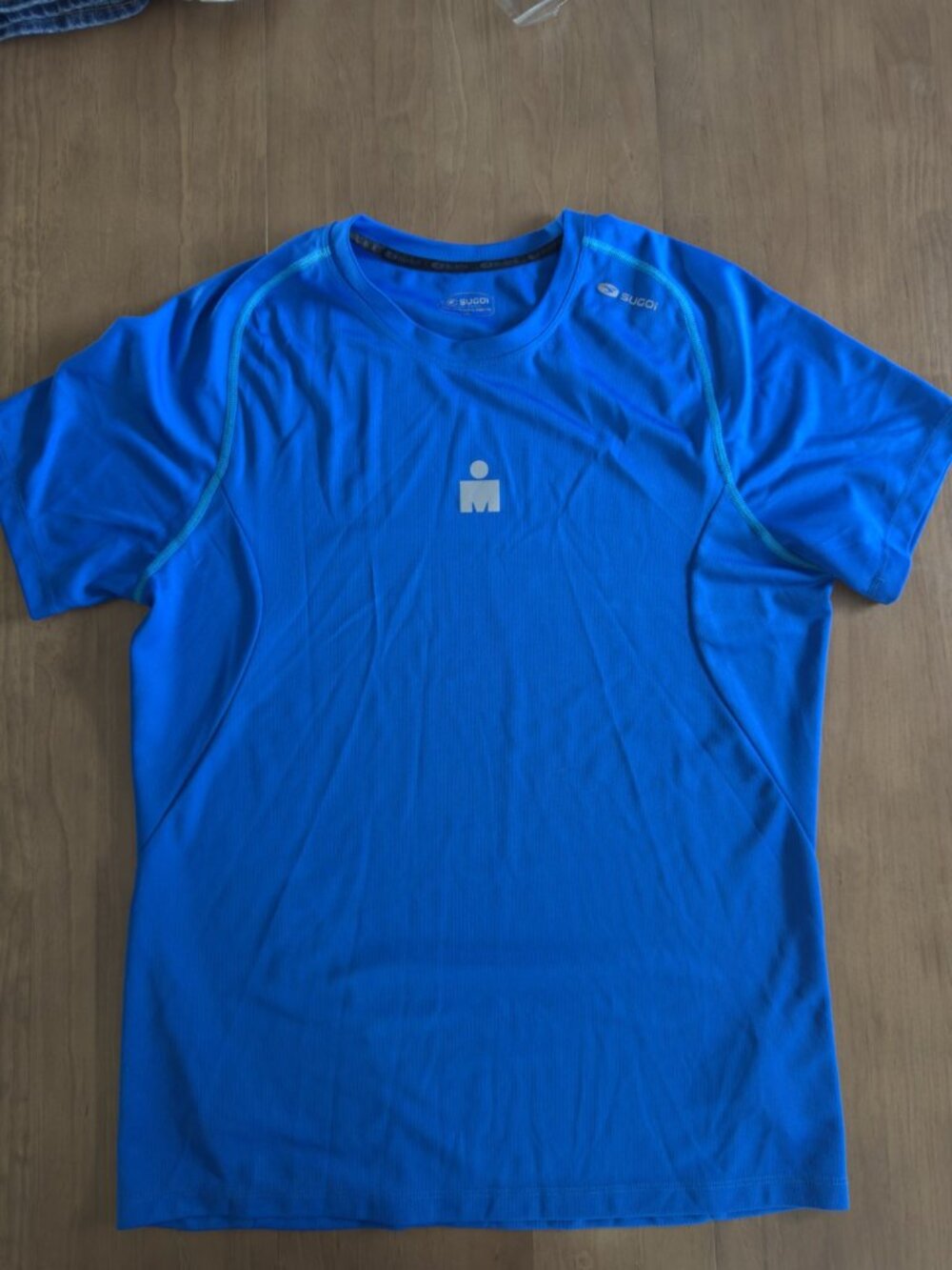 Sugoi Ironman Running Shirt Blue Men's L Rear Zip Pocket Tri Cycling EUC